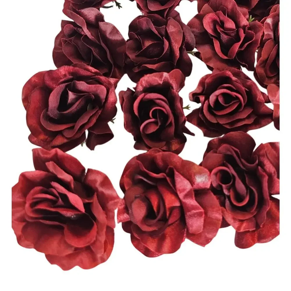 50 Burgundy Red Satin Rose Heads Stemless Wedding Floral Craft DIY 2.5in Flowers